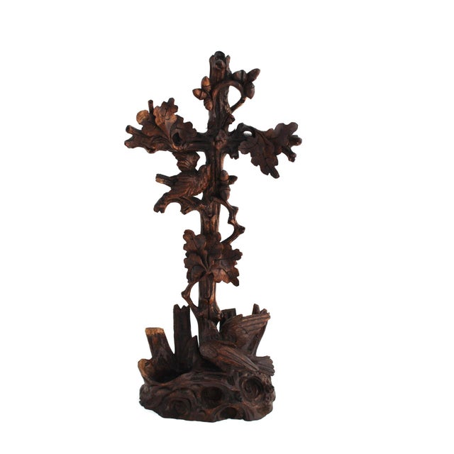 Antique 19th Century Black Forest Hand-Carved Wooden Cross With Birds and Acorns For Sale - Image 4 of 14