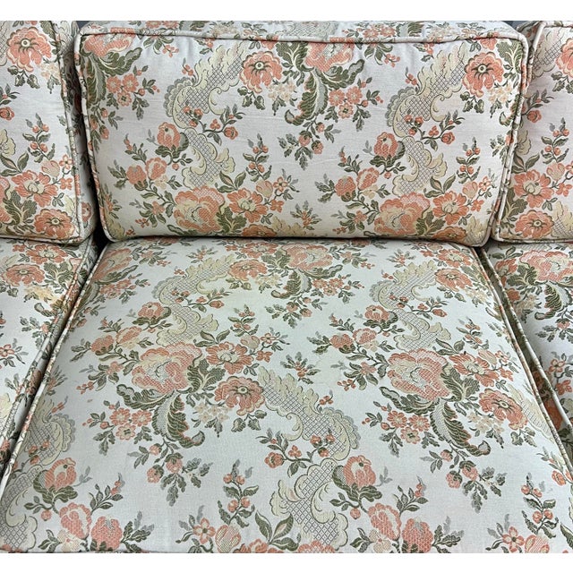 Wood Vintage Chinoiserie Key City Custom Asian Style Black Lacquered Sofa With Floral Brocade Fabric For Sale - Image 7 of 12