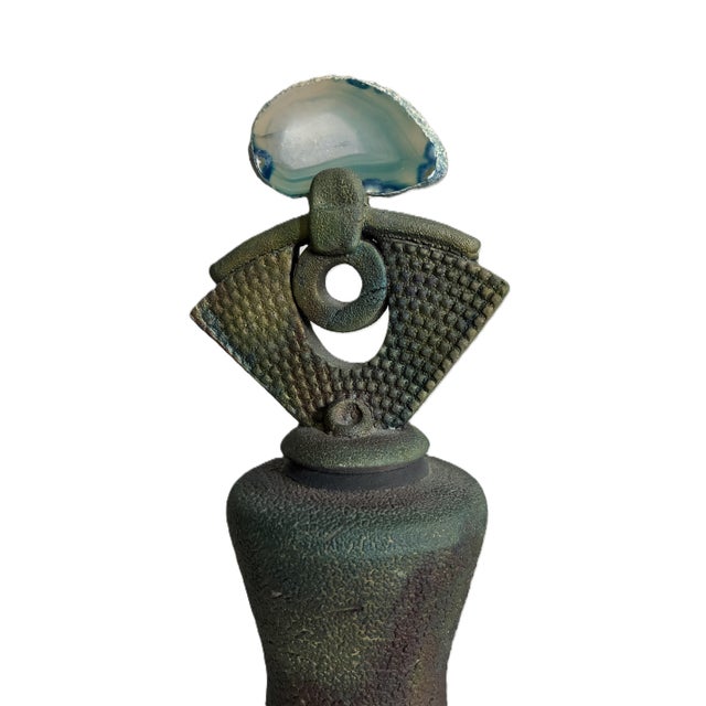 Signed Helene Fielder Raku Ceramic Pottery Vessel With Agate Lid / 1980s Art Studio Pottery / 80s Modernist Vase For Sale In Cleveland - Image 6 of 13