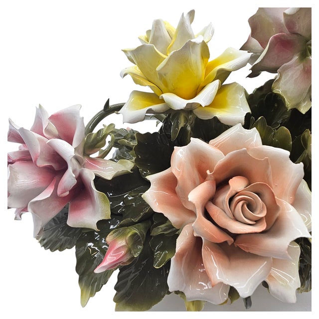 Mid 20th Century Italian Handcrafted Porcelain Rose Basket Centerpiece – Blush & Yellow Floral Sculpture For Sale - Image 5 of 15