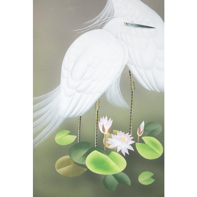 "Egrets and the Moon" by Kawamura Shusui, Showa Era Japanese Silk Scroll Painting For Sale - Image 4 of 18
