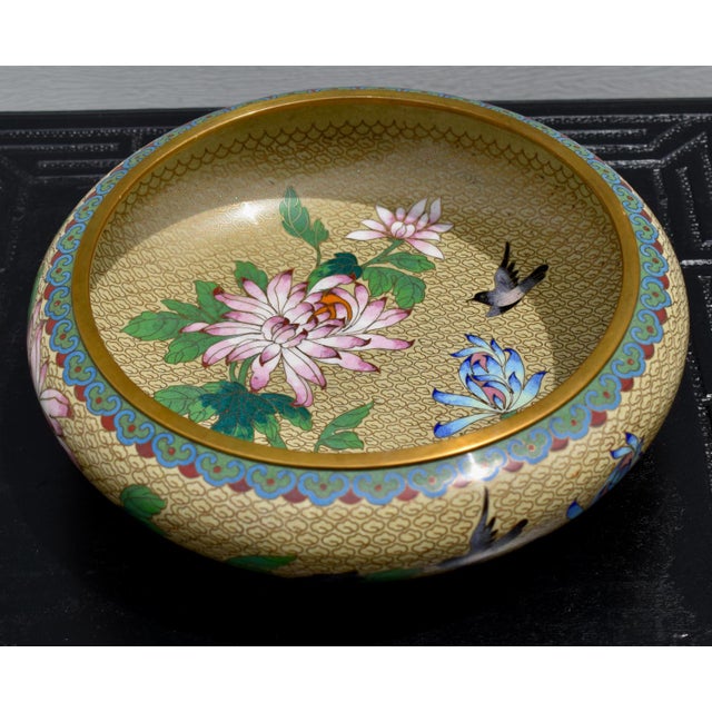 Chinese Vintage Chinese Cloisonne Enamel Bowl Bird Chrysanthemum Floral Centerpiece 8" For Sale - Image 3 of 12