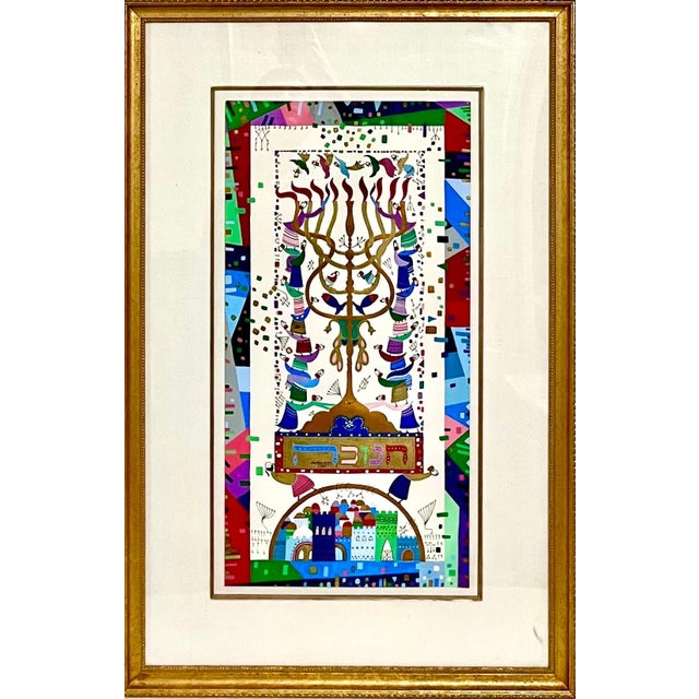 Raphael Abecassis, Vibrant Judaica Israeli Hanukkah Sephardic Kabbalah Painting Raphael Abecassis, 1991 For Sale