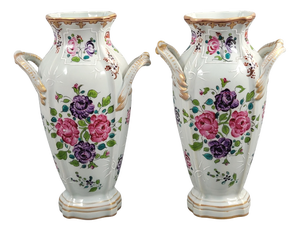 Raised White Enamel Vases with Floral Decor from Samson Paris, 1850s, Set of 2
