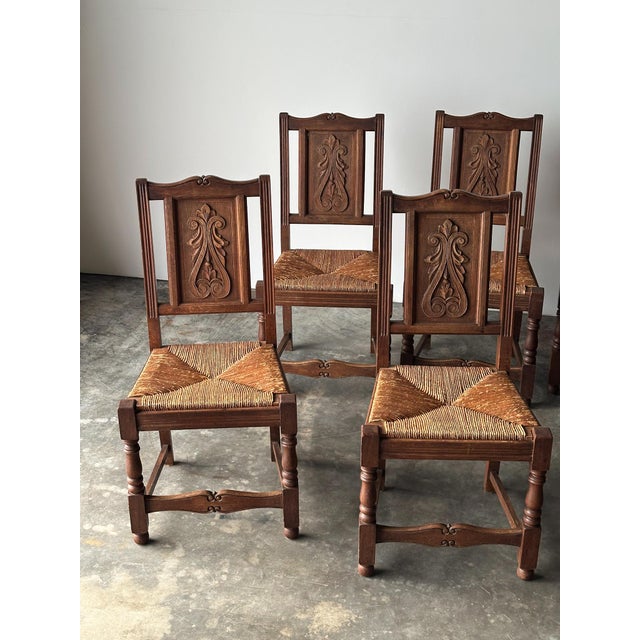 Early 20th Century French Carved Oak Rush Seat Dining Chairs, Set of 8 For Sale - Image 16 of 18