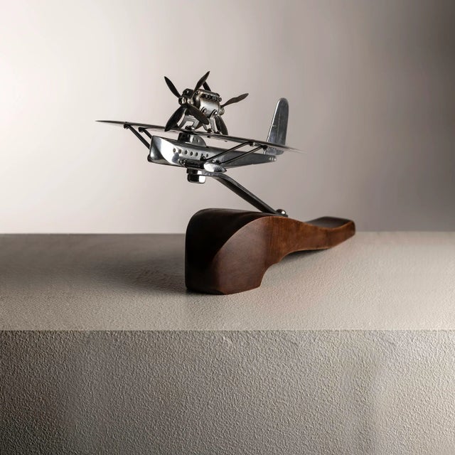 Wood Art Deco Chrome Airplane on Wooden Base, 1940s For Sale - Image 7 of 8