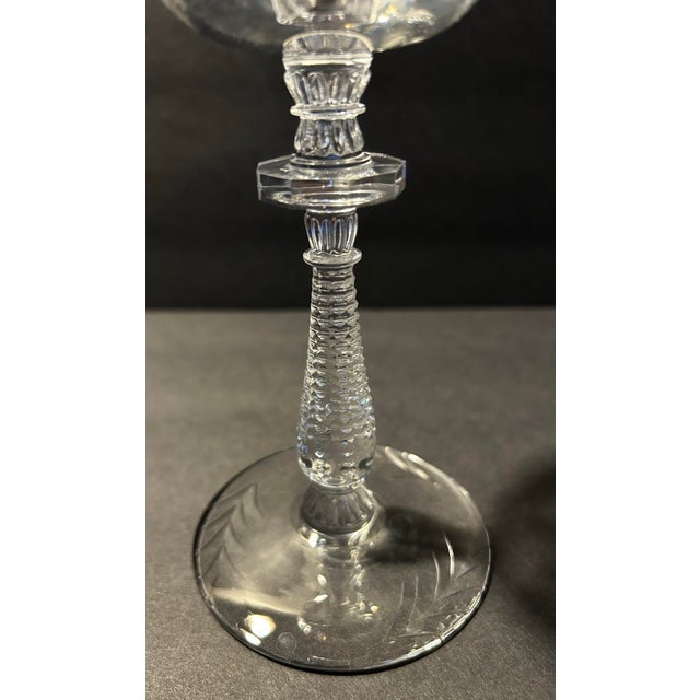 Transparent Antique 1930’s Rock Sharpe Crystal Stem Wine Glasses Paisley Pattern Set of 5 For Sale - Image 8 of 9