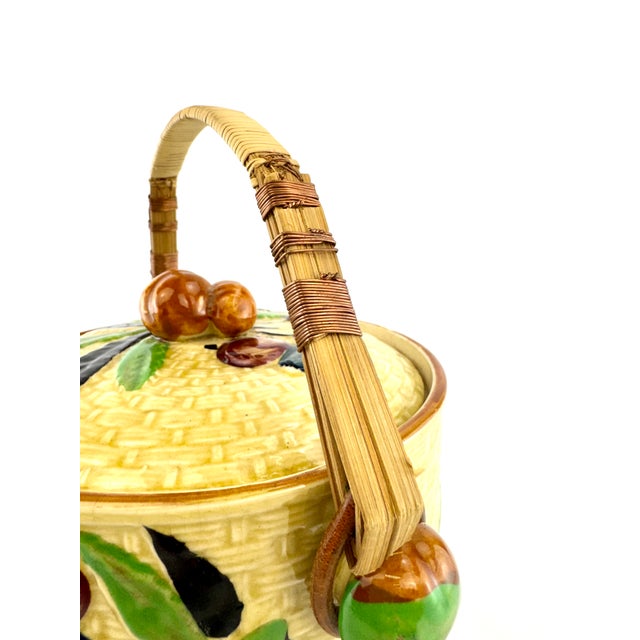 1960s Vintage Japanese Majolica Fruit & Basket Weave Biscuit Jar With Rattan Handle For Sale - Image 5 of 13