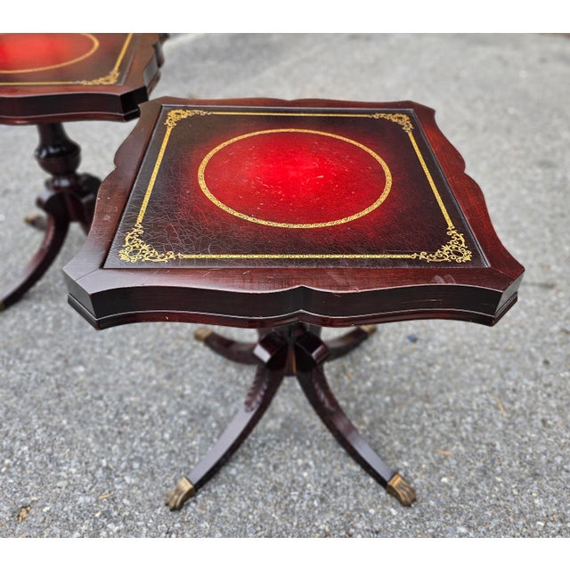 Louis Scalera English Regency Mahogany and Tooled Leather Pedestal Side Tables - a Pair For Sale - Image 4 of 10