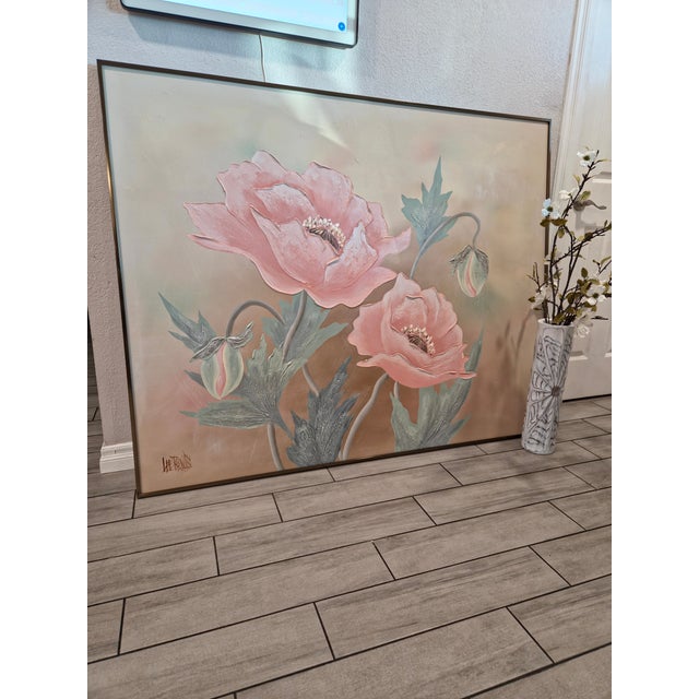 Peach Large Signed Lee Reynolds Peach Poppies Painting, Vanguard Studios Mid-Century Modern Floral Art For Sale - Image 8 of 13
