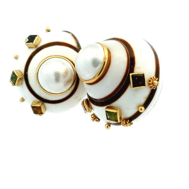 Vintage Maz 14k Gold Conch Shell Mabe Pearl Gemstone Clip Earrings, Pair For Sale - Image 11 of 13