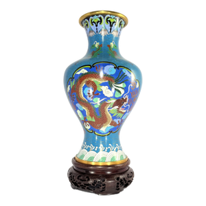 Mid 20th Century Chinese Cloisonné Dragon Vase With Carved Wood Base