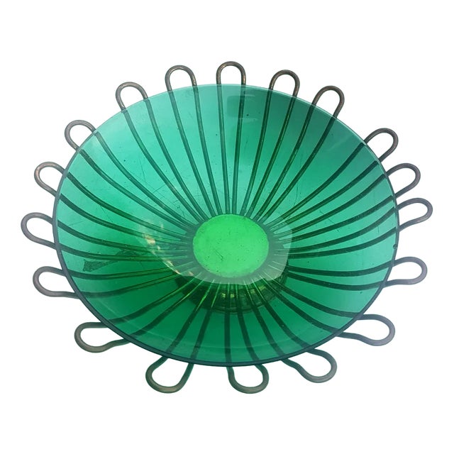Green Glass Bowl with Brass Frame Vide Poche, 1950s For Sale