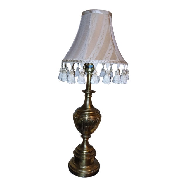 1970s Brass Urn Style Stiffel Table Lamp With Silk Tassels Shade For Sale