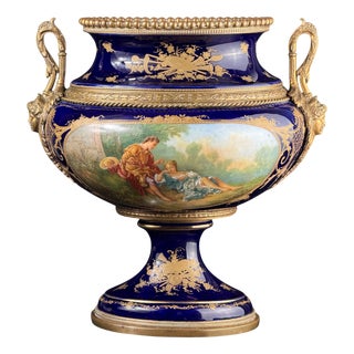 Antique French Cobalt Blue Porcelain Urn Vase by E. Collot, 1880s For Sale