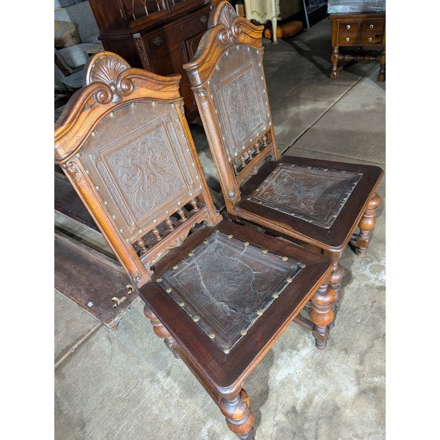 Pair of Early 20th Century Jacobean / Henry II Revival Tooled Leather Dining Side Chairs For Sale - Image 4 of 9