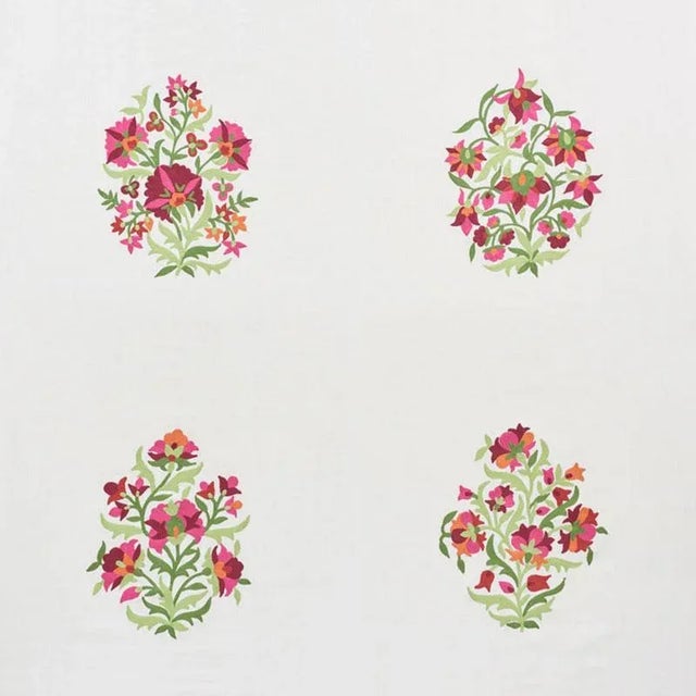 Four enchanting and slightly different floral motifs are embroidered on a linen ground. Each colorful bouquet is...