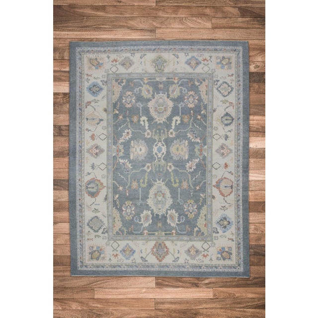 Textile Early 21st Century Gray Colorful Floral Design Handwoven Wool Turkish Oushak Rug 8'11" X 11'8" For Sale - Image 7 of 8