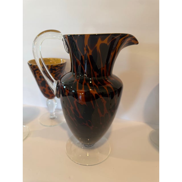 Vintage Handcrafted Art Heavy Glass Murano Style Leopard Pitcher With 4 Goblets For Sale - Image 12 of 12