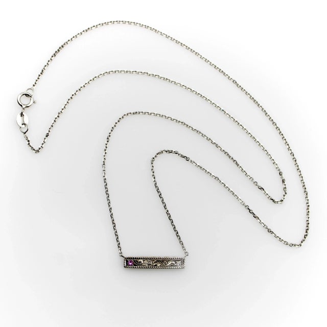1990s 1990s 14K White Gold Bar Necklace with Diamond and Pink Tourmaline For Sale - Image 5 of 6
