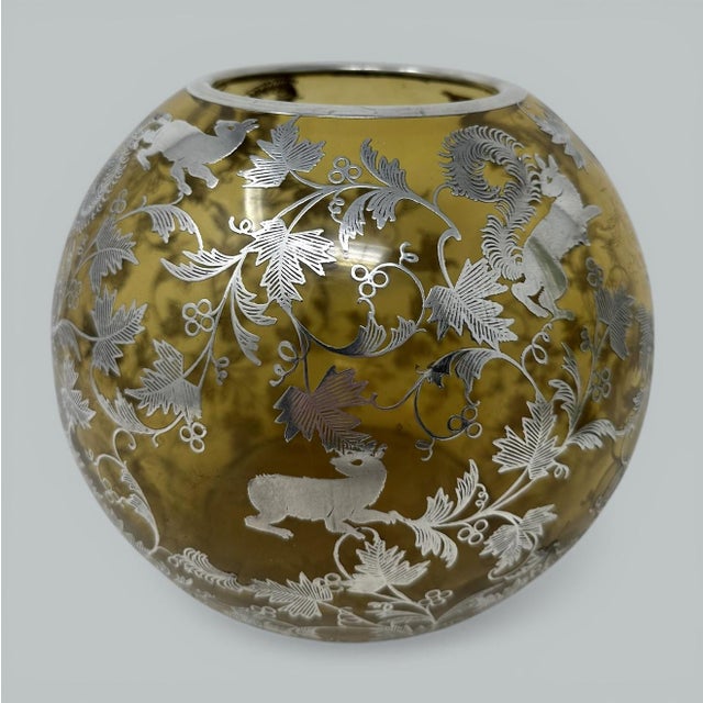 Amber Antique Vintage Sterling Silver Overlaid Amber Glass Bowl Vase Centerpiece 1900 For Sale - Image 8 of 8