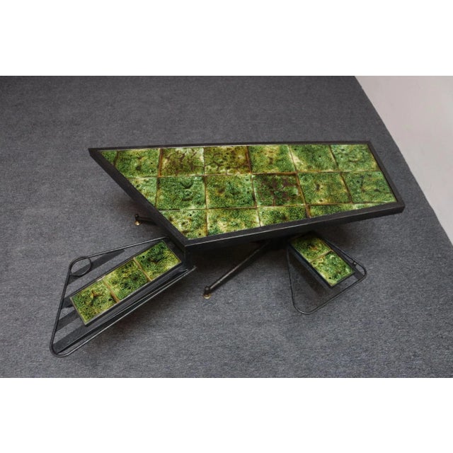 Mid-Century Modern Asymmetrical French Modern Iron and Green Tile Swiveling Coffee/Cocktail Table For Sale - Image 3 of 12