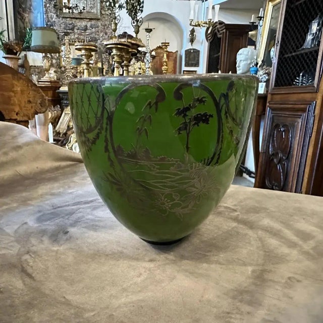 1940s Art Deco Green Ceramic and Silver Oval Italian Centerpiece For Sale - Image 6 of 9