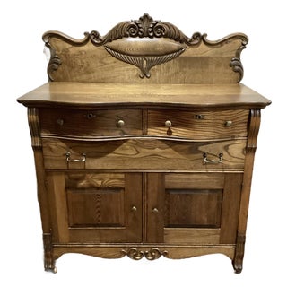 Antique Solid Oak 1800's Sideboard Buffet Cupboard Fancy Carving All Original For Sale