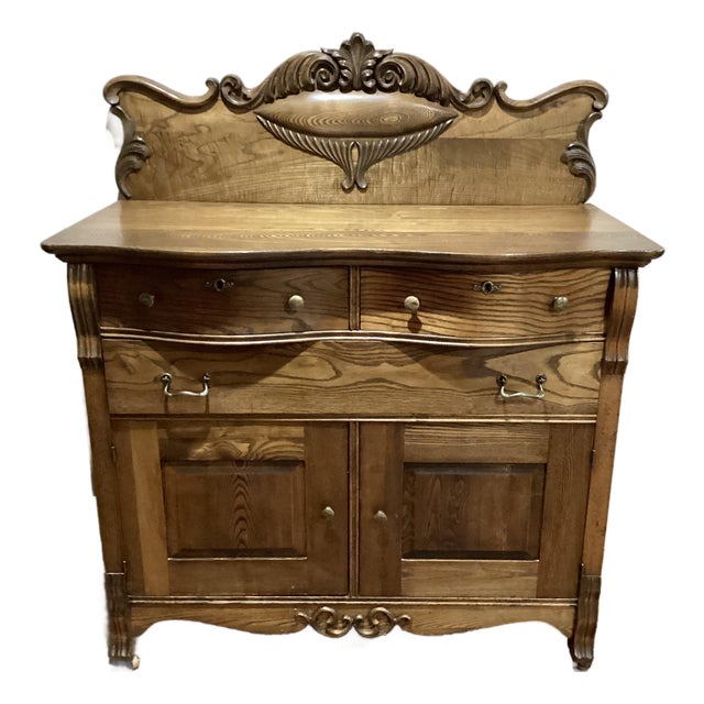 Antique Solid Oak 1800's Sideboard Buffet Cupboard Fancy Carving All Original For Sale