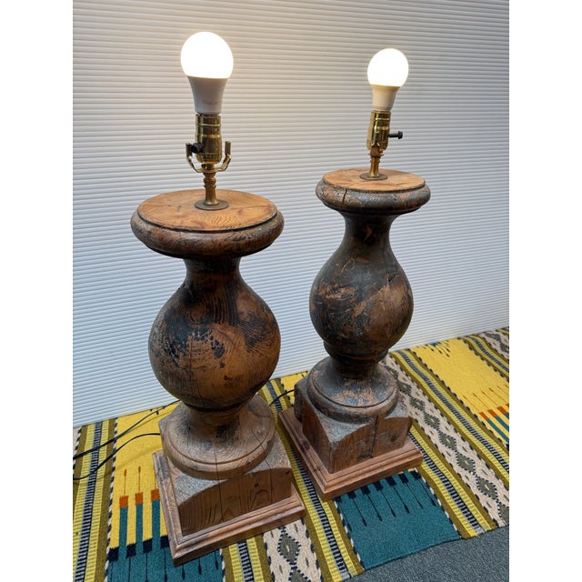 Rustic European Refurbished Wooden Baluster Table Lamps, Pair For Sale - Image 3 of 13