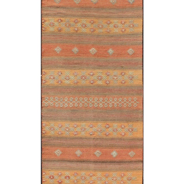 Vintage Hand Woven Turkish Kilim Colorful Stripe Runner With Tribal Motifs For Sale - Image 4 of 12