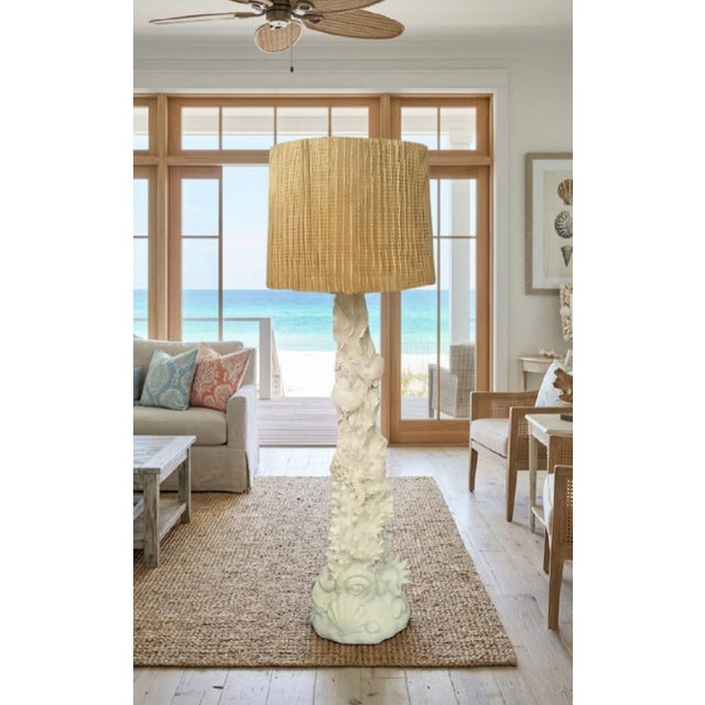 1990s Coastal White Carved Coral Seaside Clamshell Tall Floor Lamp With Shade For Sale - Image 9 of 9