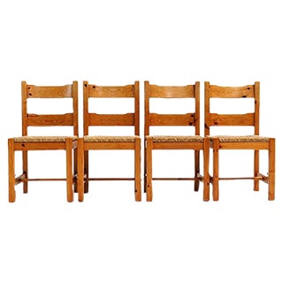 Pine Wood and Straw Seat Dining Chairs, 1970s, Set of 4 For Sale