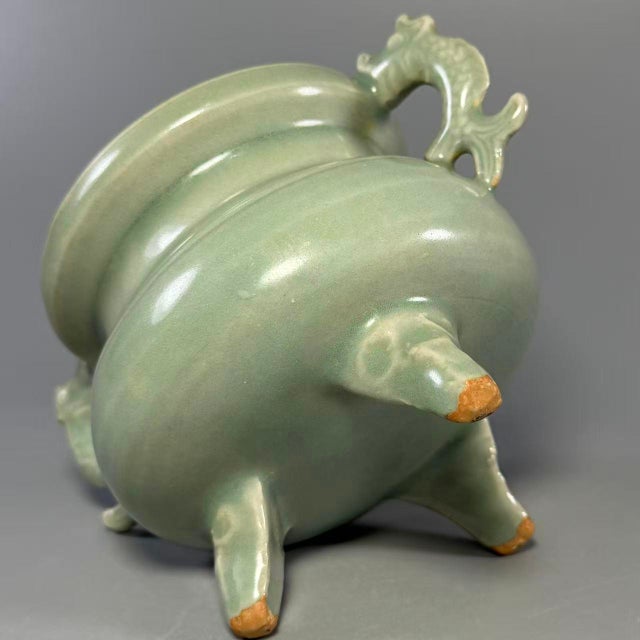 Vintage Chinese Longquan Celadon Porcelain Incense Burner | One of a Kind, Dragon‑Shaped Handles For Sale - Image 4 of 7