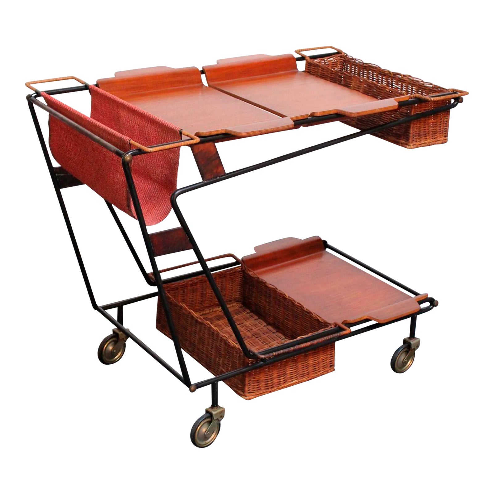 1950s Italian Modernist Iron Bar Cart / Trolley With Plywood and Wicker ...