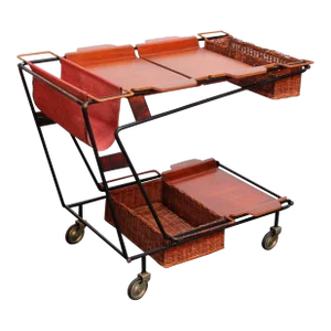 1950s Italian Modernist Iron Bar Cart / Trolley With Plywood and Wicker Inserts