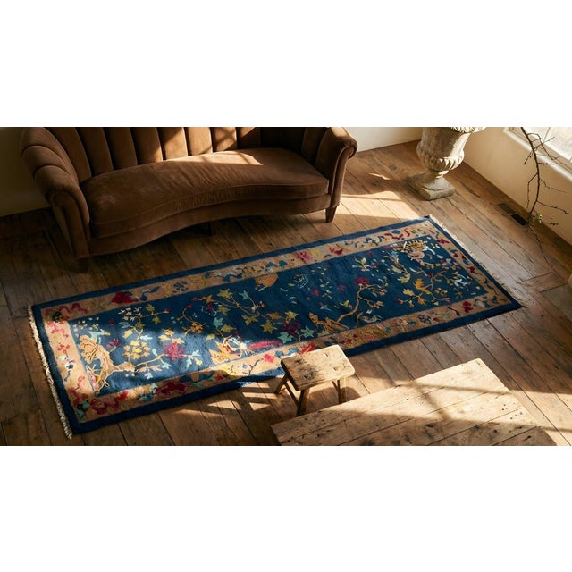 1920s Navy Blue Floral Antique Pair of Chinese Art Deco Runner Carpets 2'1'' X 11' 8'' Knotted Wool Rugs For Sale - Image 14 of 15