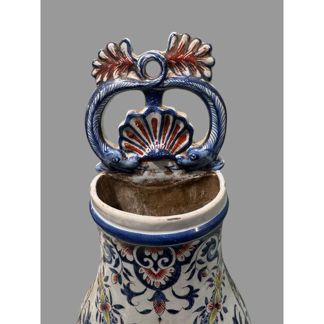 Antique French Faience Floral Polychrome Decorated Lavabo Wall Fountain For Sale - Image 4 of 11