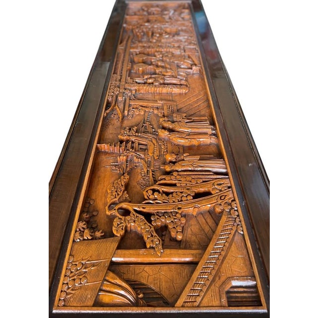 Mid 20th Century Mid-Century Modern Style Hand-Carved Asian Scene Coffee Table With Glass Top & Hidden Drawer For Sale - Image 4 of 10
