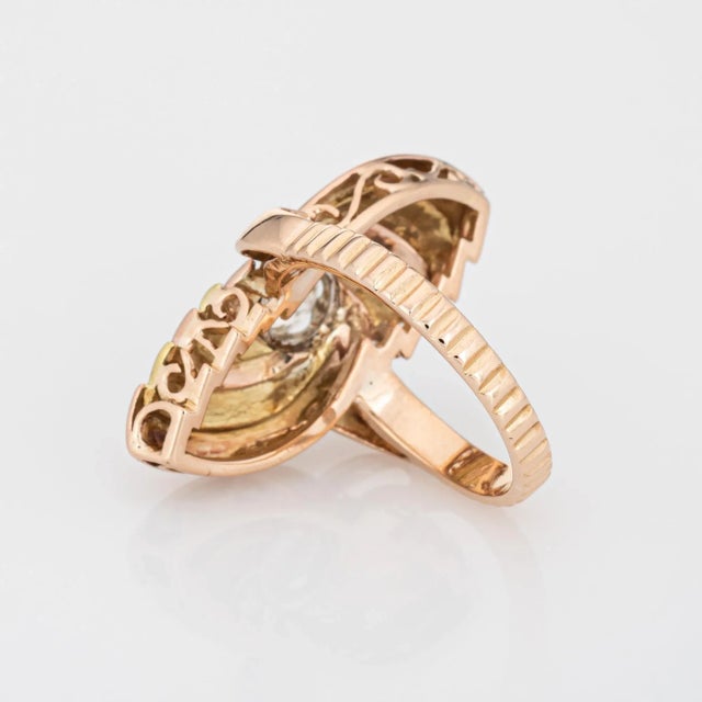 Mid 20th Century Vintage Retro Diamond Ring Two Tone 18k Rose Yellow Gold Sz 5.5 Navette Cocktail For Sale - Image 5 of 6