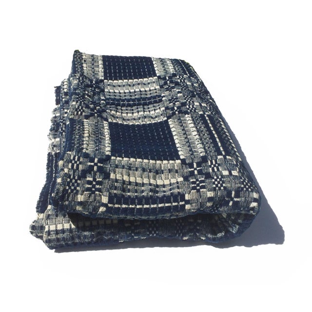 Antique Blue and White Hand Loomed Wool Coverlet Throw Blanket With