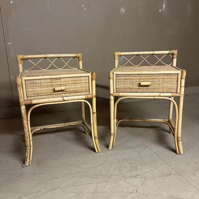 Wood Bamboo and Cane Bedside Cabinets with Drawers, Set of 2 For Sale - Image 7 of 10