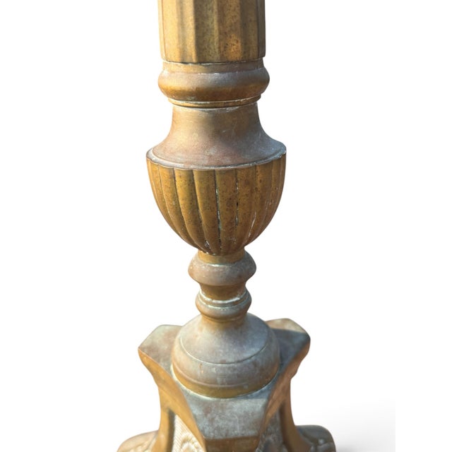 Late 20th Century Pair of Tall Neoclassical Empire Style Patinated Brass Candlesticks, 28.25” For Sale - Image 5 of 9