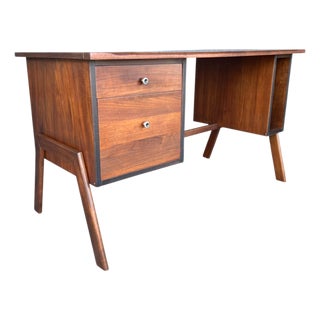 Restored 1960s Danish Modern Walnut Desk – Sculptural a-Frame Legs & Storage For Sale