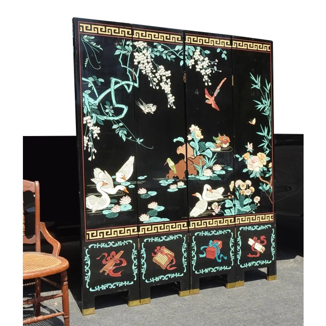Asian Vintage Oriental Asian Blue Coromandel Four Panel Screen Room Divider W Swans #2 For Sale - Image 3 of 12
