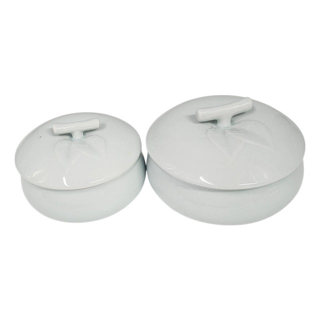 Set of 2 Vintage Korean Celadon Lidded Serving Bowls With Grapevine and Leaf Relief For Sale