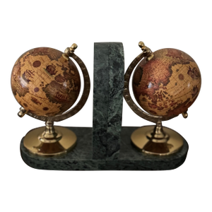 Green Marble Vintage Globe Bookends Brass Base