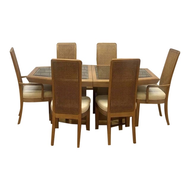 1980s American of Martinsville Art Deco Post-Modern Burlwood & Brass Dining Set, Expandable Table + 8 Cane-Back Chairs For Sale