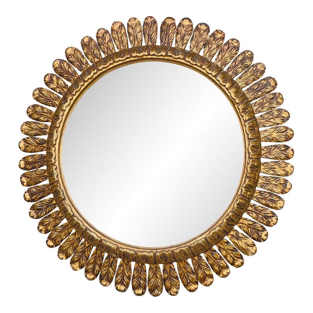 Giltwood Feathered Round Mirror with Radiating Frame, French, 1920s For Sale