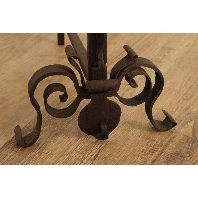 Metal Antique Pair of Forged Iron and Brass Fireplace Andirons For Sale - Image 7 of 12